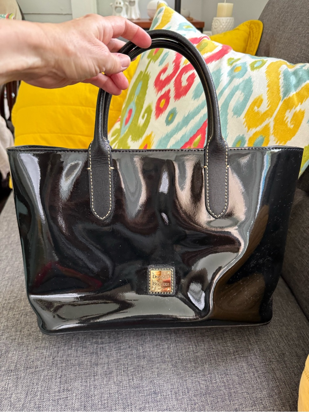 Dooney & Bourke Black Patent Leather Tote with Gold Logo Plaque Brianna NWT